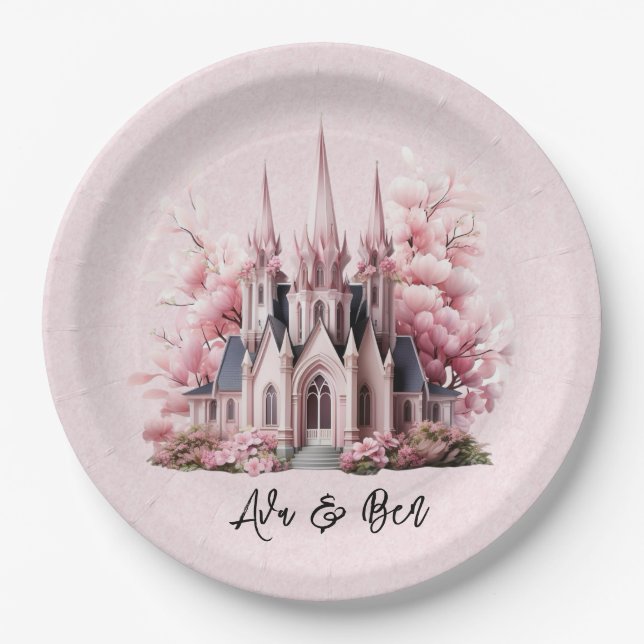 Pink Watercolor Church Wedding Paper Plates (Front)