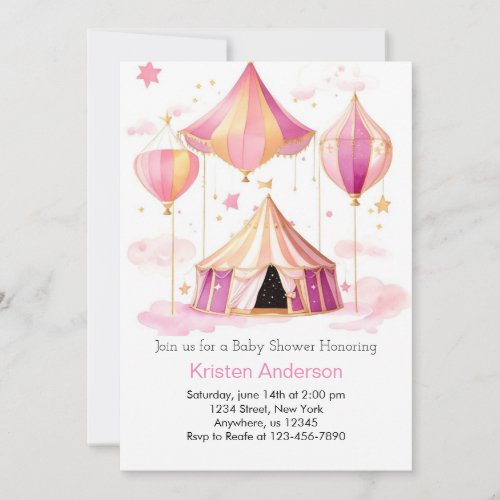 Pink Watercolor Circus Whimsy Girl Baby Shower Invitation