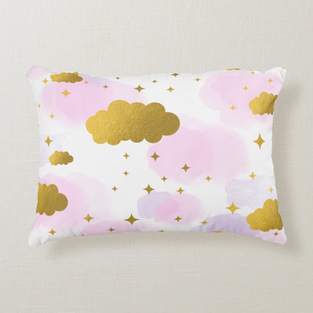 Pink Watercolor Clouds Gold Stars Sky  Accent Pillow (Front)
