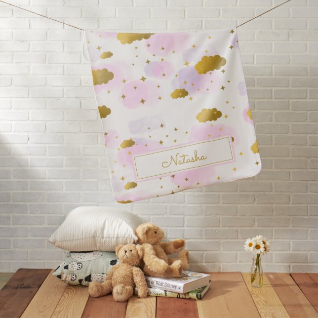 Pink Watercolor Clouds Gold Stars Sky Baby Blanket (In Situ)