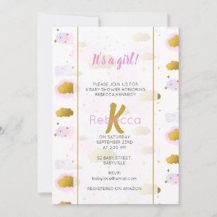 Pink Watercolor Clouds Gold Stars Sky Baby Shower  Invitation