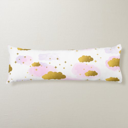 Pink Watercolor Clouds Gold Stars Sky  Body Pillow