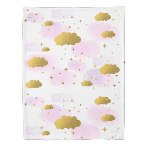 Pink Watercolor Clouds Gold Stars Sky Duvet Cover