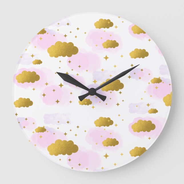 Pink Watercolor Clouds Gold Stars Sky  Large Clock (Front)
