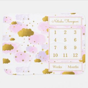 Pink Watercolor Clouds Gold Stars Sky Milestone Baby Blanket