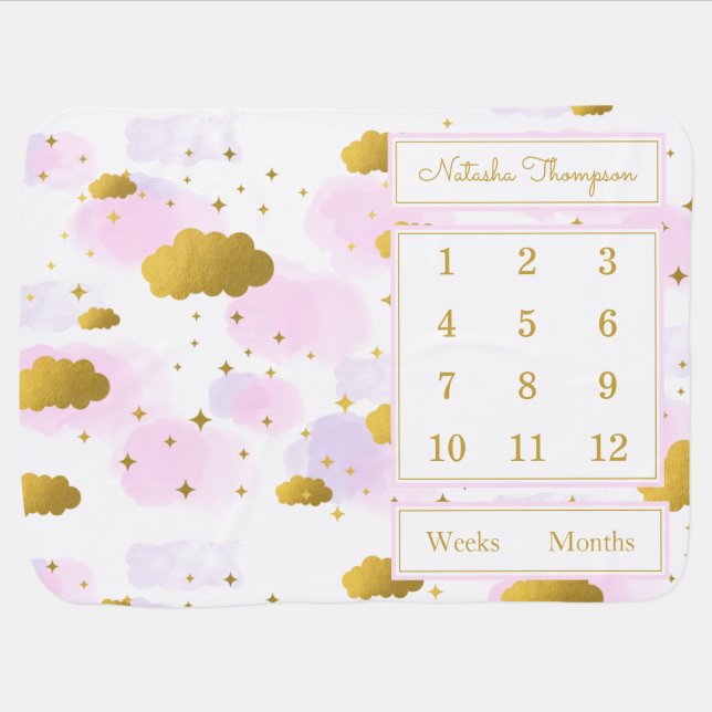 Pink Watercolor Clouds Gold Stars Sky Milestone  Baby Blanket (Horizontal)