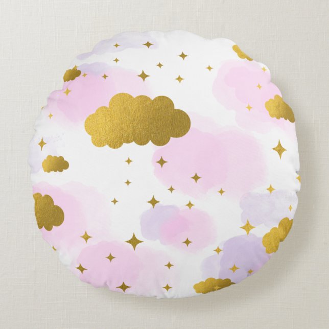 Pink Watercolor Clouds Gold Stars Sky Round Pillow (Front)