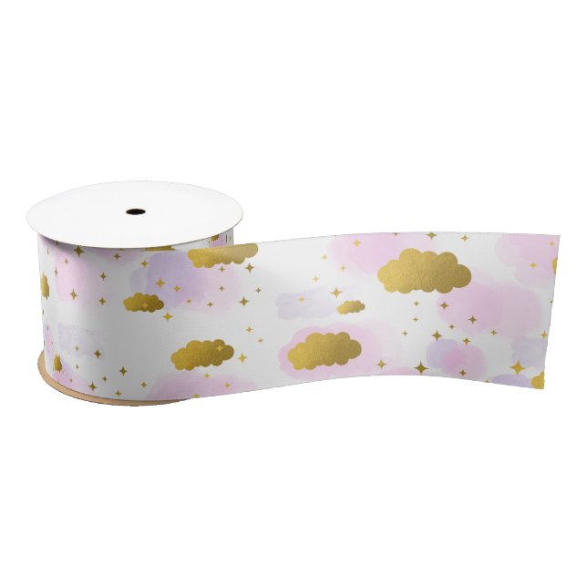 Pink Watercolor Clouds Gold Stars Sky Satin Ribbon (Spool)