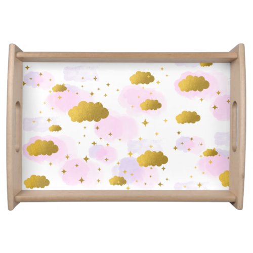 Pink Watercolor Clouds Gold Stars Sky  Serving Tray