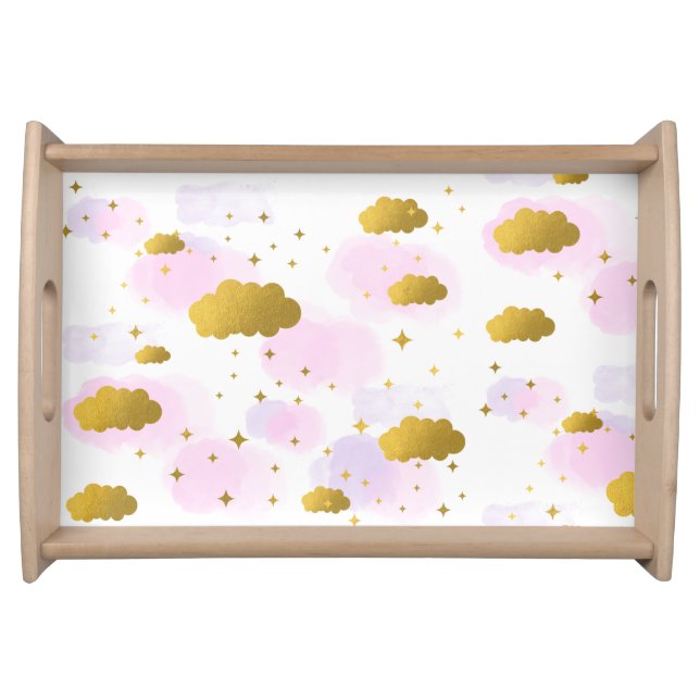 Pink Watercolor Clouds Gold Stars Sky  Serving Tray (Front)