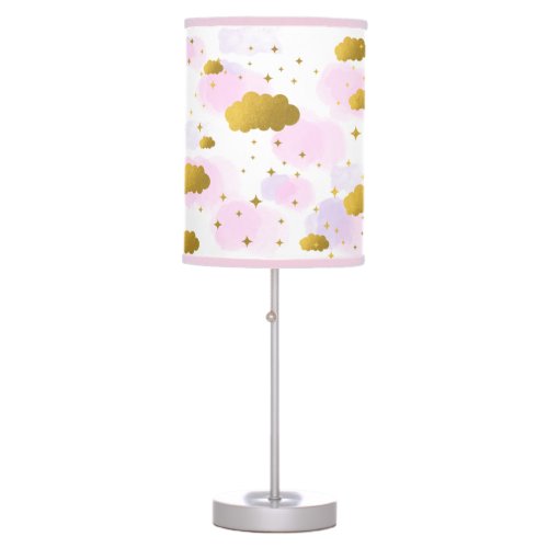 Pink Watercolor Clouds Gold Stars Sky  Table Lamp