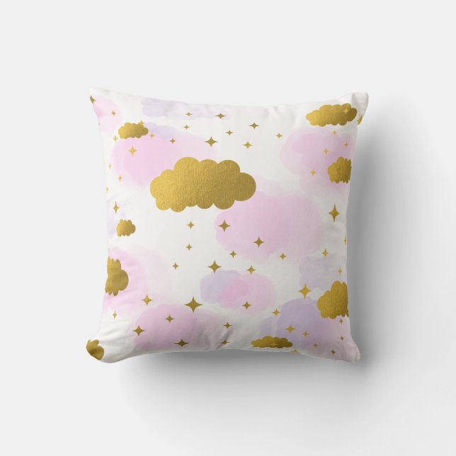 Pink Watercolor Clouds Gold Stars Sky    Throw Pillow (Front)