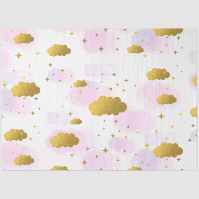 Pink Watercolor Clouds Gold Stars Sky   Tissue Paper (Front)