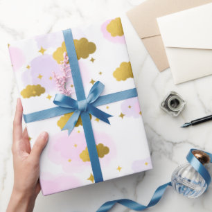 Pink Watercolor Clouds Gold Stars Sky Wrapping Paper