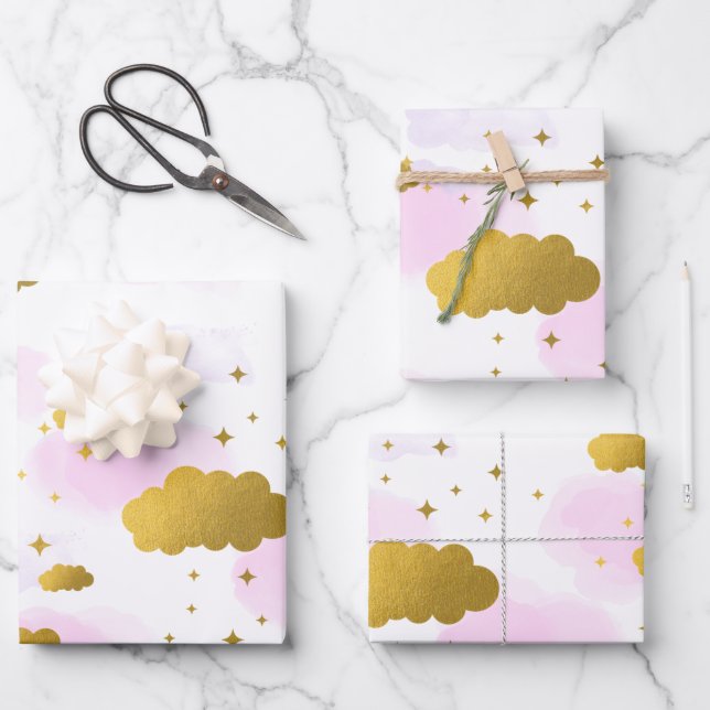 Pink Watercolor Clouds Gold Stars Sky    Wrapping Paper Sheets (Front)
