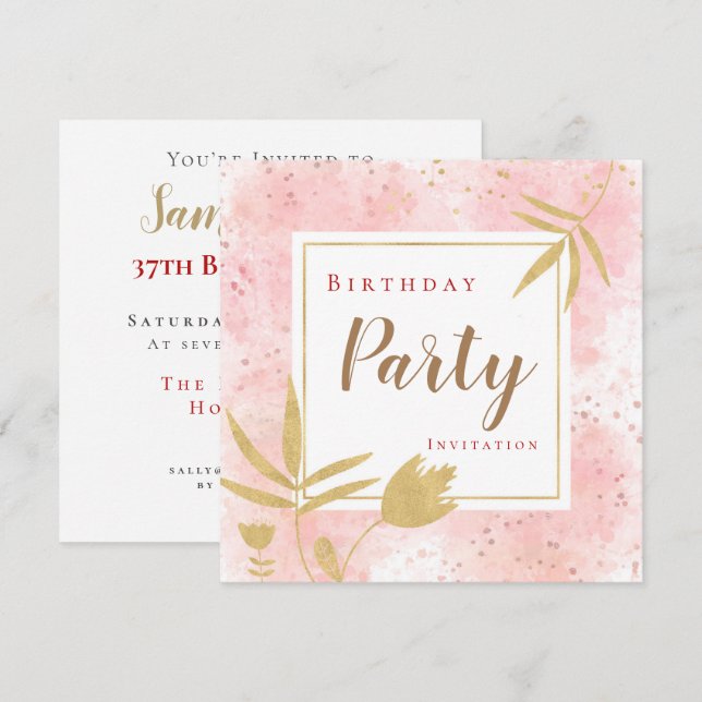 Pink Watercolor Confetti Gold Leaf/Floral Birthday Invitation (Front/Back)