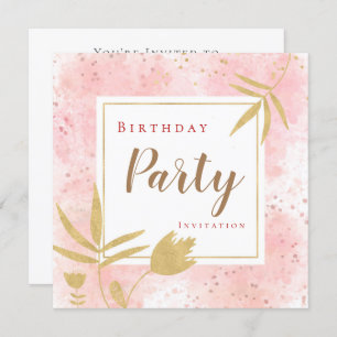 Pink Watercolor Confetti Gold Leaf/Floral Birthday Invitation