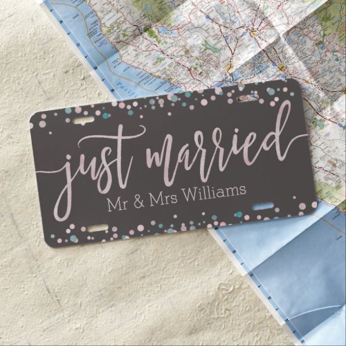 Pink Watercolor Confetti Wedding Just Married License Plate