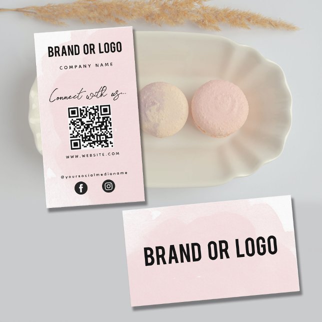 Pink Watercolor Connect With Us QR Code  Business Card (Creator Uploaded)