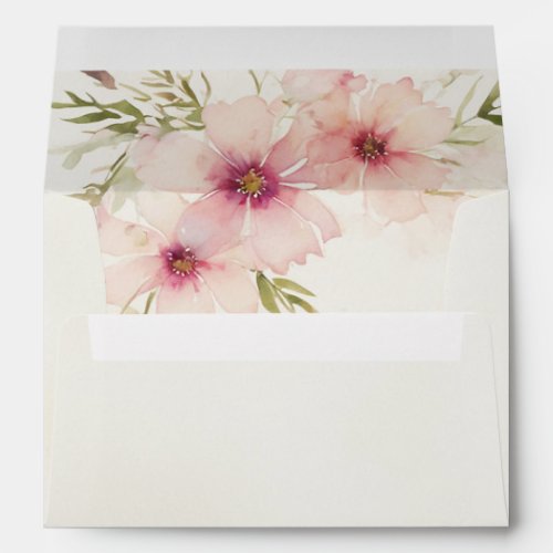 pink watercolor cosmos flowers address wedding envelope