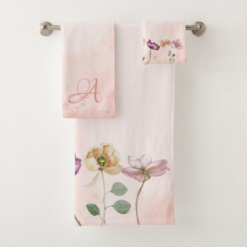 Pink Watercolor Country Floral Monogram Bath Towel Set