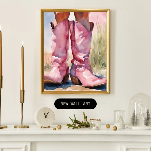 Pink Watercolor Cowgirl boots Poster