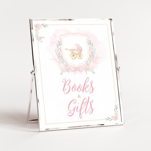 Pink Watercolor Crest Baby Shower Books and Gifts Poster