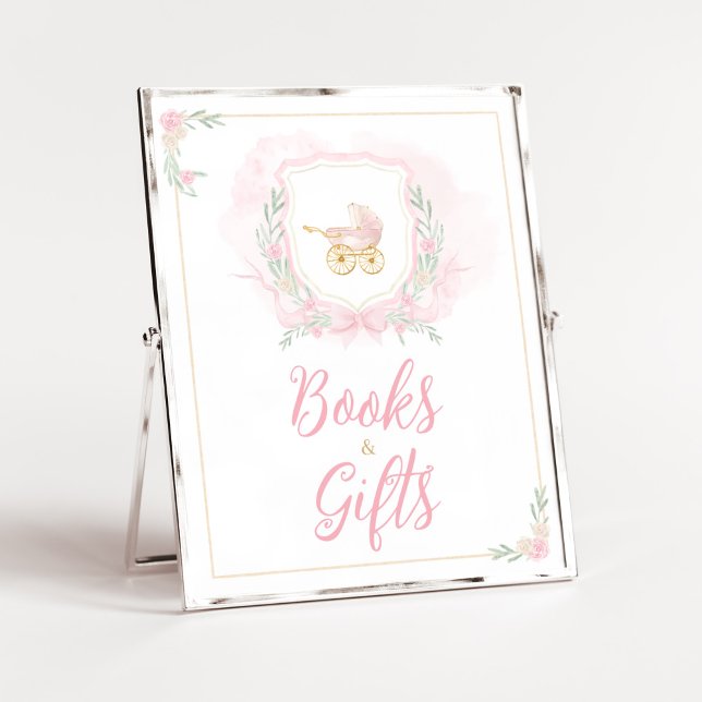 Pink Watercolor Crest Baby Shower Books and Gifts Poster (Blue Floral Pampas Grass Elephant Baby Shower Books and Gifts Sign)
