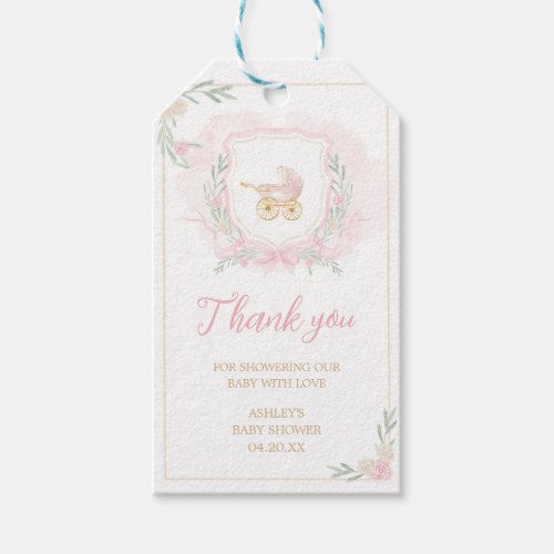 Pink Watercolor Crest Baby Shower Favor Tags