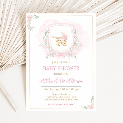 Pink Watercolor Crest Baby Shower Invitation