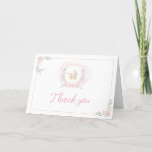 Pink Watercolor Crest Baby Shower Letterpress Thank You Card