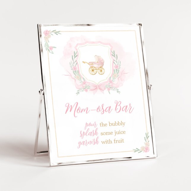 Pink Watercolor Crest Baby Shower Mom Osa Bar Poster (Blue Floral Pampas Grass Elephant Baby Shower Mom Osa Bar Sign)