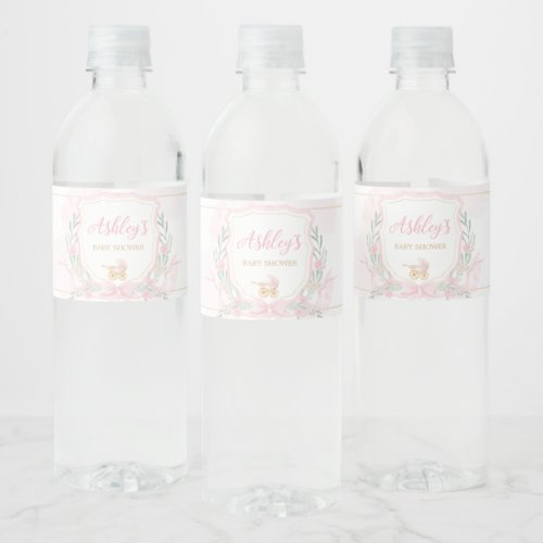 Pink Watercolor Crest Baby Shower Water Bottle Label