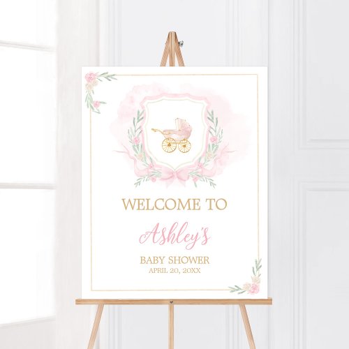 Pink Watercolor Crest Baby Shower Welcome Poster