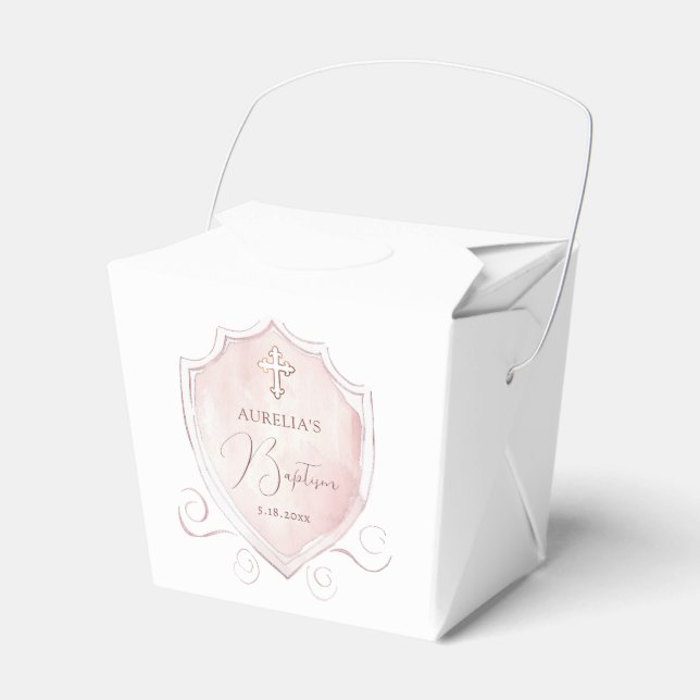 Pink Watercolor Crest Baptism Take Out Favor Boxes (Front Side)