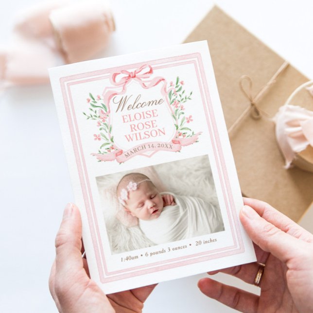 Pink Watercolor Crest Birth Announcement (Creator Uploaded)