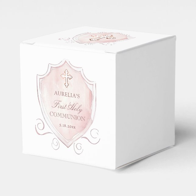 Pink Watercolor Crest First Communion Cube Favor Boxes (Front Side)