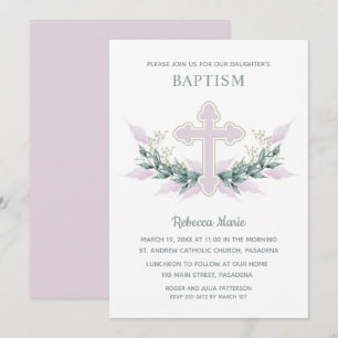 Pink Watercolor Cross Baptism Invitation