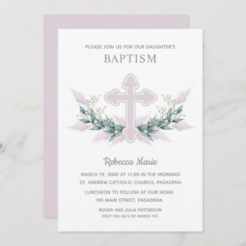 Pink Watercolor Cross Baptism Invitation