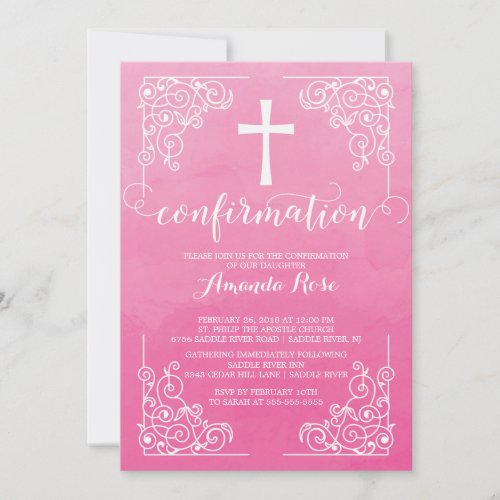 Pink Watercolor Cross Confirmation Invitation