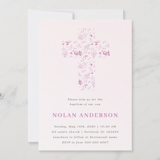 Pink Watercolor Cross in Calligraphy Baptism Boy Invitation (Front)