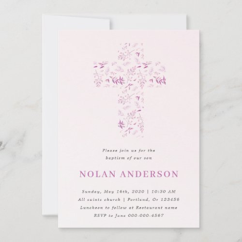 Pink Watercolor Cross in Calligraphy Baptism Boy Invitation