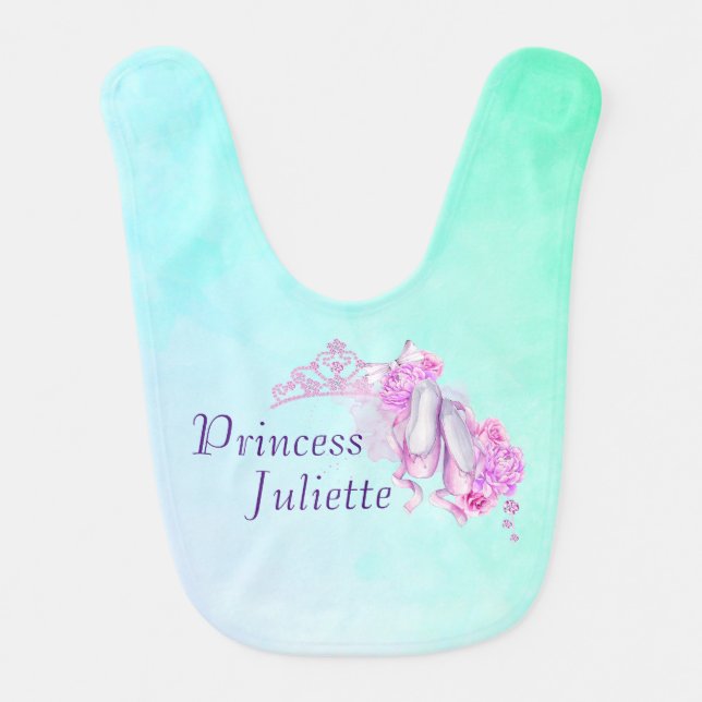 Pink Watercolor Crown and Ballet Shoes Personalize Bib (Front)