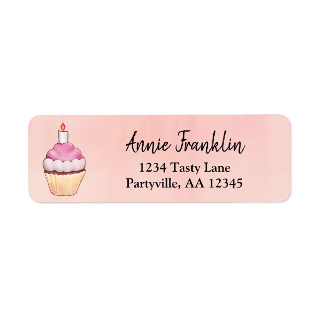 Pink Watercolor Cupcake Birthday Address Label (Front)