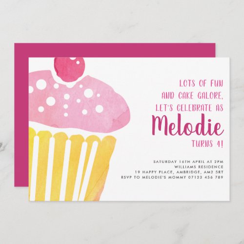 Pink Watercolor Cupcake Birthday Party Invitation