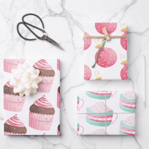 Pink Watercolor Cupcake Christmas Wrapping Paper