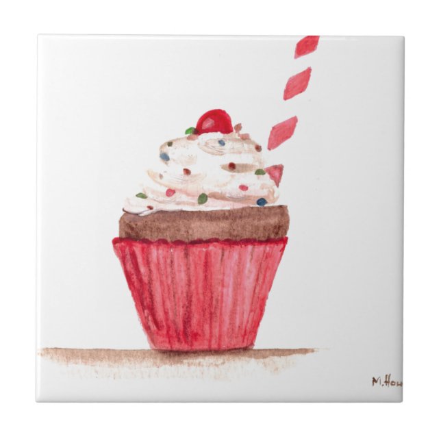 Pink watercolor Cupcake food art Ceramic Tile (Front)