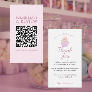 Pink Watercolor Cupcake Leave a Review QR Code Business Card