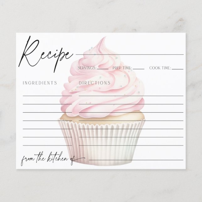 Pink Watercolor Cupcake Recipe Card (Front)