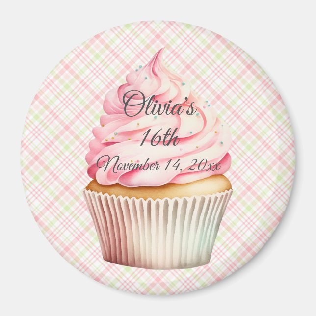 Pink Watercolor Cupcake Save the Date Magnet (Front)